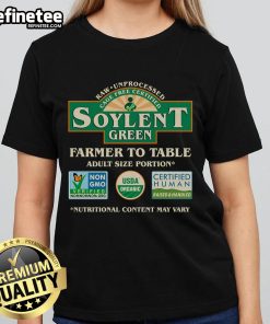 Vintage Soylent Green Farmer to Table label on a stylish ladies tee, perfect for eco-conscious fashion lovers.