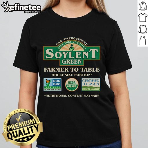 Vintage Soylent Green Farmer to Table label on a stylish ladies tee, perfect for eco-conscious fashion lovers.