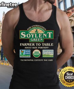 Vintage Soylent Green farmer-to-table label tank top featuring a retro design and eco-friendly theme.