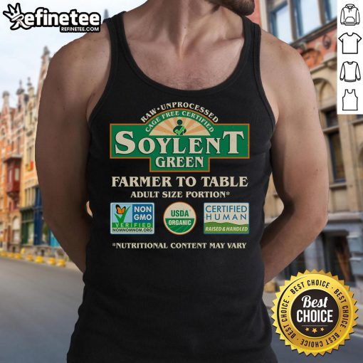 Vintage Soylent Green farmer-to-table label tank top featuring a retro design and eco-friendly theme.