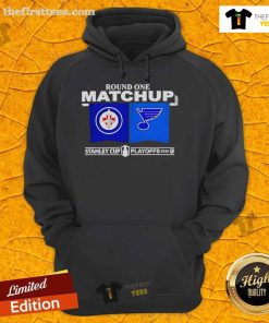 Nice Winnipeg Jets vs St. Louis Blues NHL 2025 Playoff Round 1 Match-Up Hoodie showcasing team logos and vibrant design.