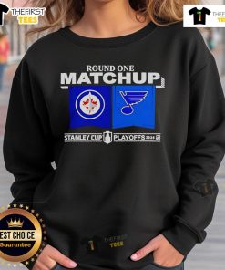 Winnipeg Jets vs St. Louis Blues NHL 2025 Playoff Round 1 sweatshirt featuring team logos and vibrant colors.