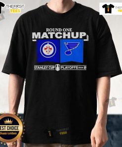 Winnipeg Jets vs St. Louis Blues NHL 2025 Playoff Round 1 T-shirt showcasing team logos and playoff excitement.