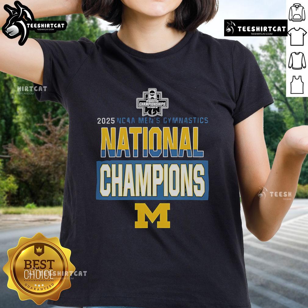 Nice Wolverines Gymnastics 2025 NCAA Men's Gymnastics National Champions Ladies-Tee Alt Text: 2025 NCAA Men's Gymnastics National Champions Ladies Tee featuring Nice Wolverines logo and design.