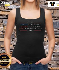 Nice tank top featuring Bernie Sanders quote: 'Yes to Democracy, No to Oligarchy' promoting democratic values.