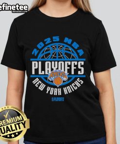 Official 2025 NBA Playoff New York Knicks ladies tee featuring team colors and logo, perfect for female basketball fans.