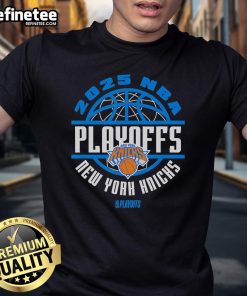 Official 2025 NBA Playoff New York Knicks T-Shirt showcasing team colors and logo for fans and supporters.