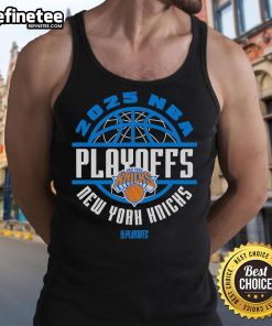 Official 2025 NBA Playoff New York Knicks tank top featuring team logo and vibrant colors for fans.