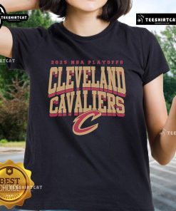 Alt Text: Official 2025 NBA Playoffs Cleveland Cavaliers Playoffs Script C Ladies Tee in stylish design for fans.
