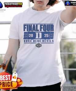 Alt Text: Official 2025 NCAA Duke Final Four College Basketball T-Shirt featuring team colors and logo.