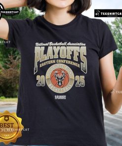 Alt Text: Official 47 Milwaukee Bucks Black 2025 Playoff Participant Franklin Ladies Tee for stylish fan wear.