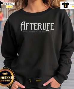 Stephanie Hudson wearing an Official Afterlife Saga sweatshirt, showcasing her unique style and passion for the series.