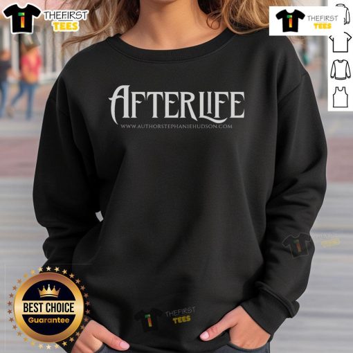 Stephanie Hudson wearing an Official Afterlife Saga sweatshirt, showcasing her unique style and passion for the series.