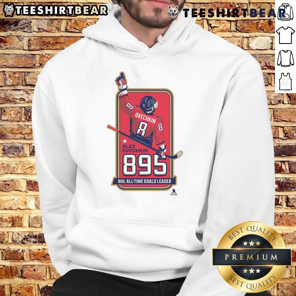 Official Alexander Ovechkin 895 NHL All-Time Goals Leader Leading Scorer Locker Room Hoodie Alt Text: Alexander Ovechkin in NHL locker room wearing hoodie, celebrates being 895 goals leader in NHL history.
