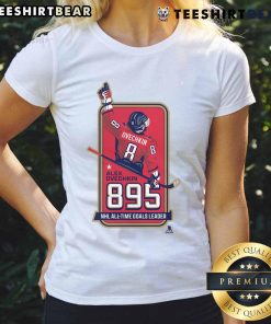Official Alexander Ovechkin 895 NHL All-Time Goals Leader locker room ladies tee shirt featuring a sporty design.