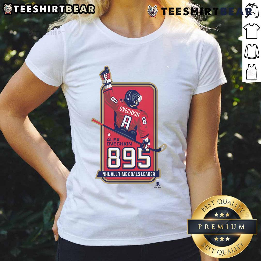 Official Alexander Ovechkin 895 NHL All-Time Goals Leader Leading Scorer Locker Room Ladies-Tee Official Alexander Ovechkin 895 NHL All-Time Goals Leader locker room ladies tee shirt featuring a sporty design.