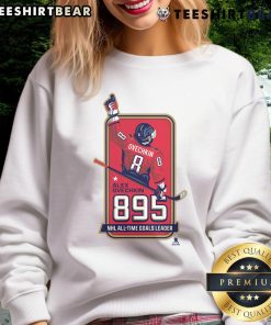 Alt Text: Official Alexander Ovechkin 895 NHL All-Time Goals Leader sweatshirt displayed in a stylish locker room setting.