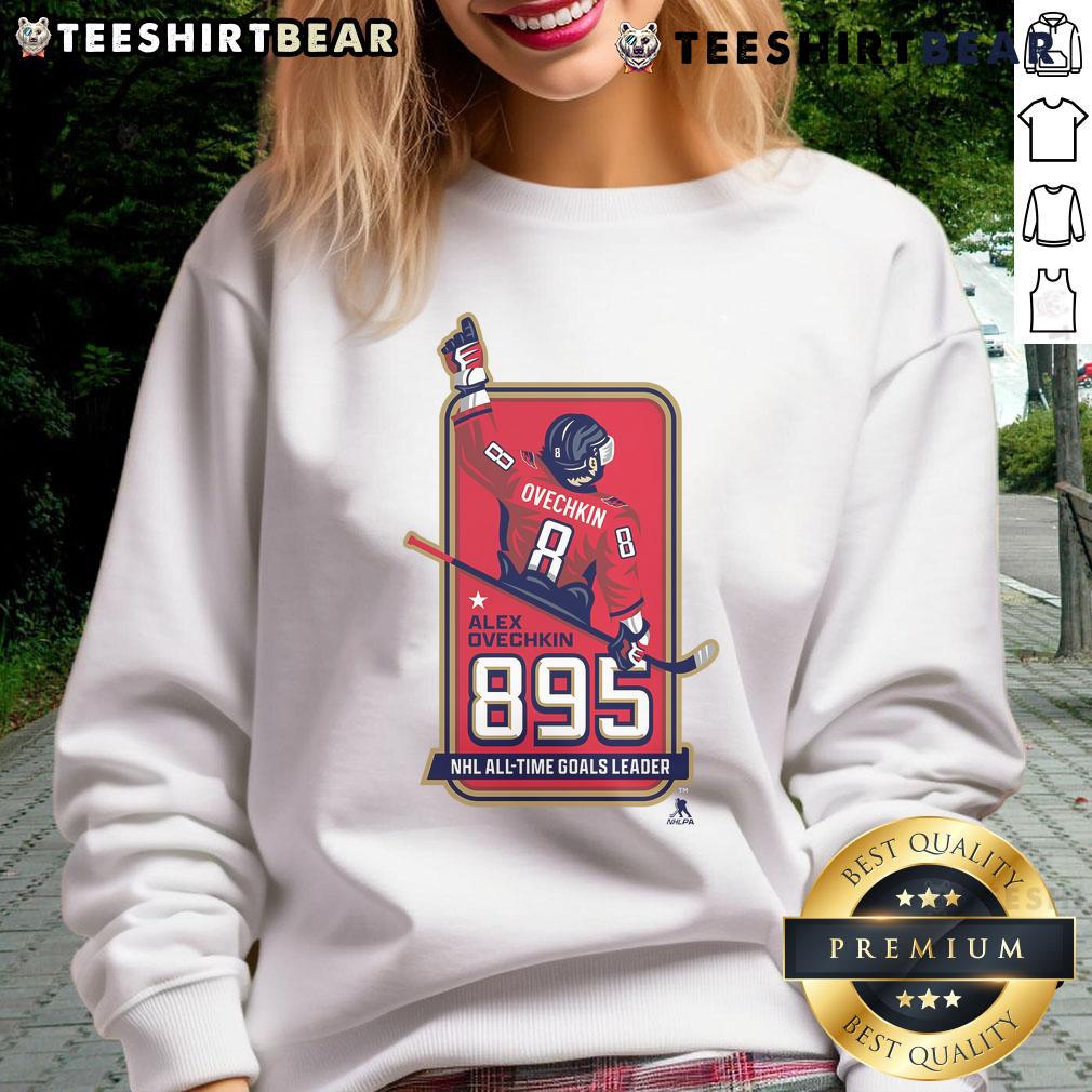 Official Alexander Ovechkin 895 NHL All-Time Goals Leader Leading Scorer Locker Room Sweatshirt Alt Text: Official Alexander Ovechkin 895 NHL All-Time Goals Leader sweatshirt displayed in a stylish locker room setting.