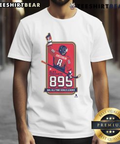 Official Alexander Ovechkin 895 NHL All-Time Goals Leader T-Shirt displayed in a locker room setting.
