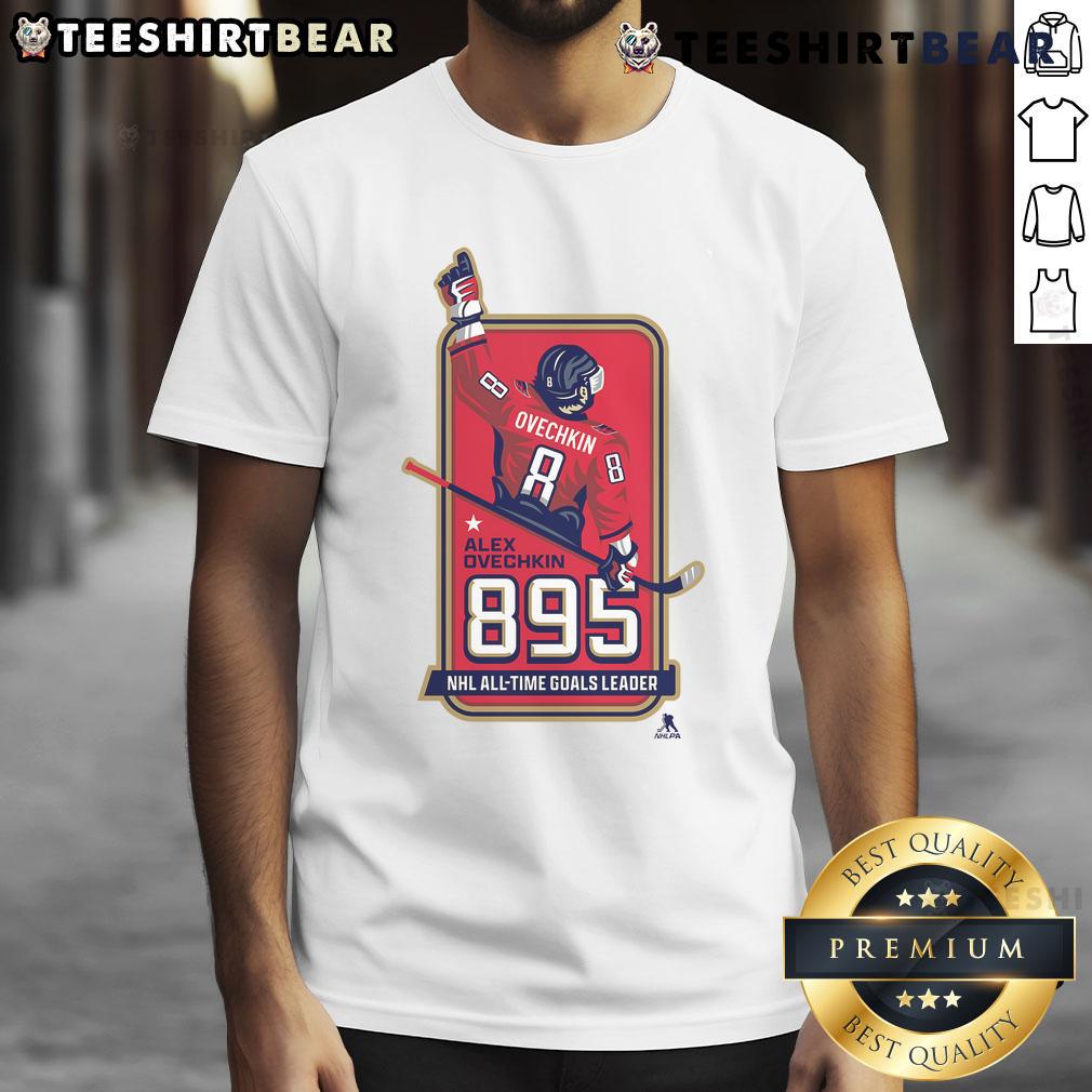 Official Alexander Ovechkin 895 NHL All-Time Goals Leader Leading Scorer Locker Room T-Shirt Official Alexander Ovechkin 895 NHL All-Time Goals Leader T-Shirt displayed in a locker room setting.