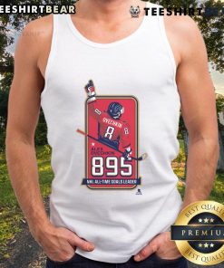 Official Alexander Ovechkin 895 NHL All-Time Goals Leader tank top in locker room, celebrating his scoring achievement.