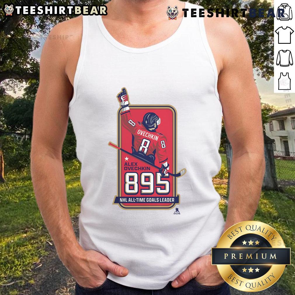 Official Alexander Ovechkin 895 NHL All-Time Goals Leader Leading Scorer Locker Room Tank Top Official Alexander Ovechkin 895 NHL All-Time Goals Leader tank top in locker room, celebrating his scoring achievement.