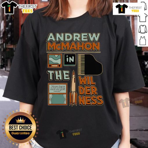 Official Andrew McMahon In The Wilderness tee featuring piano and rocket design for fans of the artist.