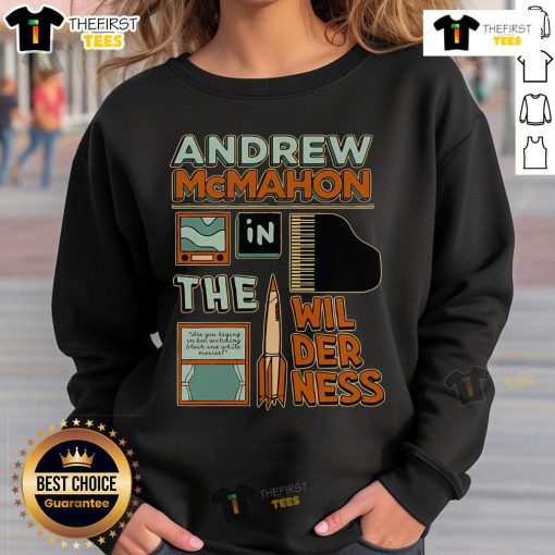 Official Andrew McMahon In The Wilderness piano and rocket sweatshirt featuring unique design and vibrant colors.