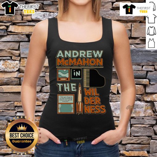 Alt Text: Official Andrew McMahon in the Wilderness piano graphic tank top featuring a rocket design for music fans.