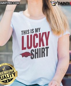 Official Arkansas Razorbacks This Is My Lucky Ladies Tee in red, showcasing team pride and style for female fans.