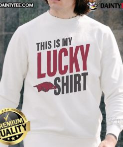 Official Arkansas Razorbacks This Is My Lucky Sweatshirt in vibrant red, perfect for game day and fan pride.