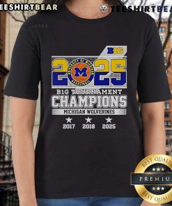 Official B1G Tournament Champions Michigan Wolverines 2025 ladies tee showcasing team pride and athletic style.