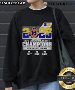 Official B1G Tournament Champions Michigan Wolverines 2025 sweatshirt in navy featuring logo and championship graphics.