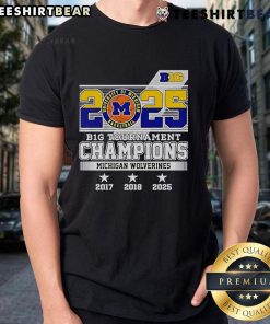 Official B1G Tournament Champions Michigan Wolverines 2025 T-Shirt featuring bold team graphics and vibrant colors.