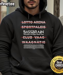 Alt Text: Official Bassbrain Iconic Antwerp Tour Hoodie featuring a stylish design and vibrant colors for music fans.