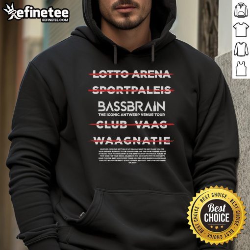Alt Text: Official Bassbrain Iconic Antwerp Tour Hoodie featuring a stylish design and vibrant colors for music fans.