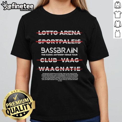 Alt Text: Official Bassbrain Iconic Antwerp Tour Ladies Tee featuring stylish design and vibrant colors for fans and tourists.