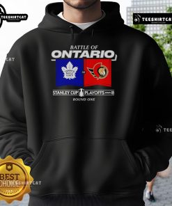 Official Battle of Ontario 2025 Stanley Cup Playoffs Round 1 Match-Up Hoodie featuring team logos and playoff graphics.