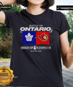 Official Battle of Ontario 2025 Stanley Cup Playoffs Round 1 Match-Up Ladies Tee featuring team logos and vibrant colors.