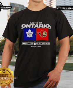 Official Battle Of Ontario 2025 Stanley Cup Playoffs Round 1 Match Up T-Shirt featuring team logos and playoff graphics.