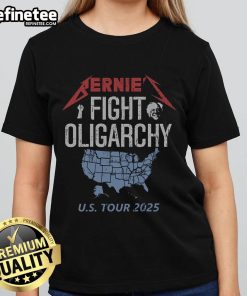 Alt Text: Official Bernies Fight Oligarchy US Tour ladies tee featuring bold graphics promoting social justice and equality.