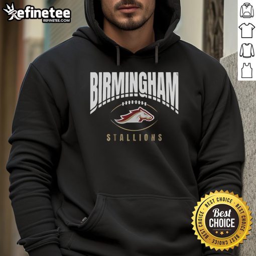 Official Birmingham Stallions Football Outline Hoodie in navy blue with logo, perfect for fans and casual wear.