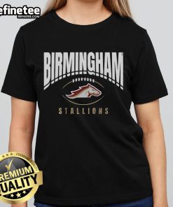 Alt Text: Official Birmingham Stallions Football outline ladies tee featuring vibrant colors and stylish design for fans.