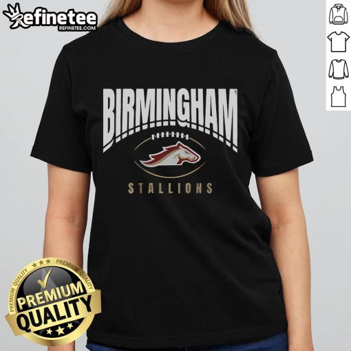 Alt Text: Official Birmingham Stallions Football outline ladies tee featuring vibrant colors and stylish design for fans.