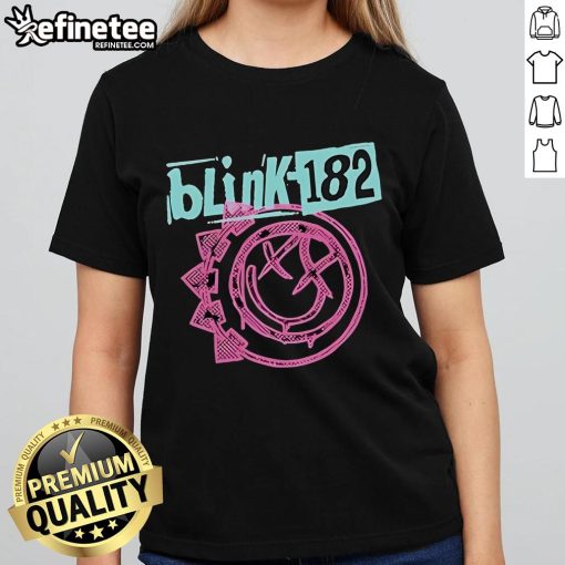 Official Blink-182 One More Time Tour ladies tee featuring vibrant graphics and tour dates, perfect for fans.
