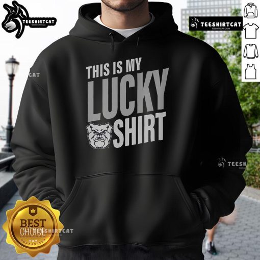 Official Butler Bulldogs hoodie with 'This Is My Lucky Hoodie' text, perfect for fans of Butler University sports.