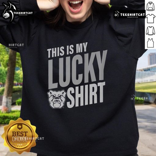 Alt Text: Official Butler Bulldogs sweatshirt with 'This Is My Lucky Sweatshirt' slogan, perfect for fans and cozy wear.