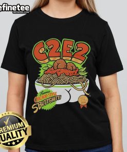 Official C2E2 X Famous Chicago Style Sbuttgetti ladies tee featuring unique pasta design for 2025 event.