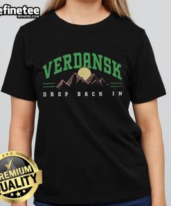 Official Call of Duty Warzone Verdansk Drop Back in Black ladies tee showcasing stylish gaming apparel for fans.