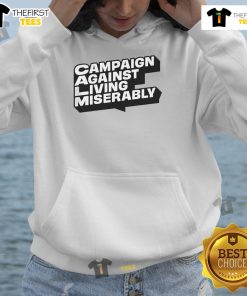 Official Campaign Against Living Miserably hoodie in black with bold logo, promoting mental health awareness and support.